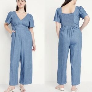 Old Navy Waist Defined Smocked Short Puff Sleeve Chambray Denim Jumpsuit XL 2023
